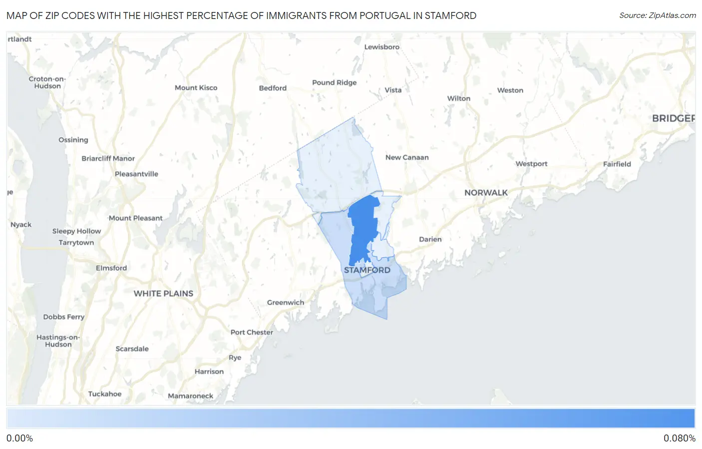 Zip Codes with the Highest Percentage of Immigrants from Portugal in Stamford Map