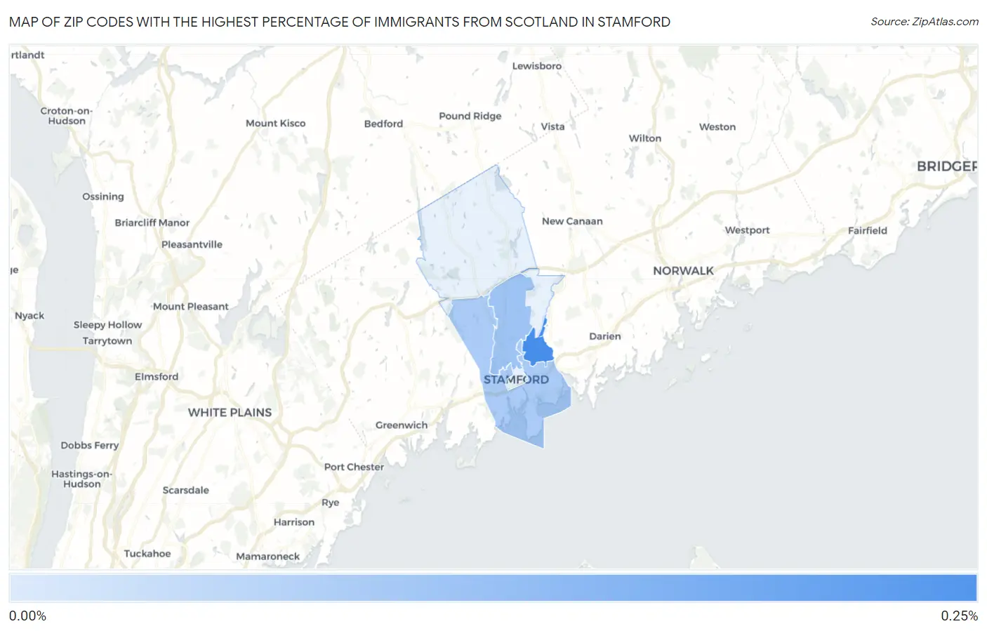 Zip Codes with the Highest Percentage of Immigrants from Scotland in Stamford Map
