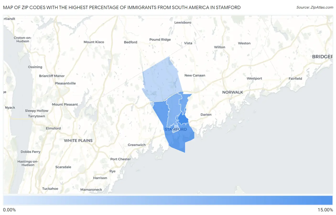 Zip Codes with the Highest Percentage of Immigrants from South America in Stamford Map