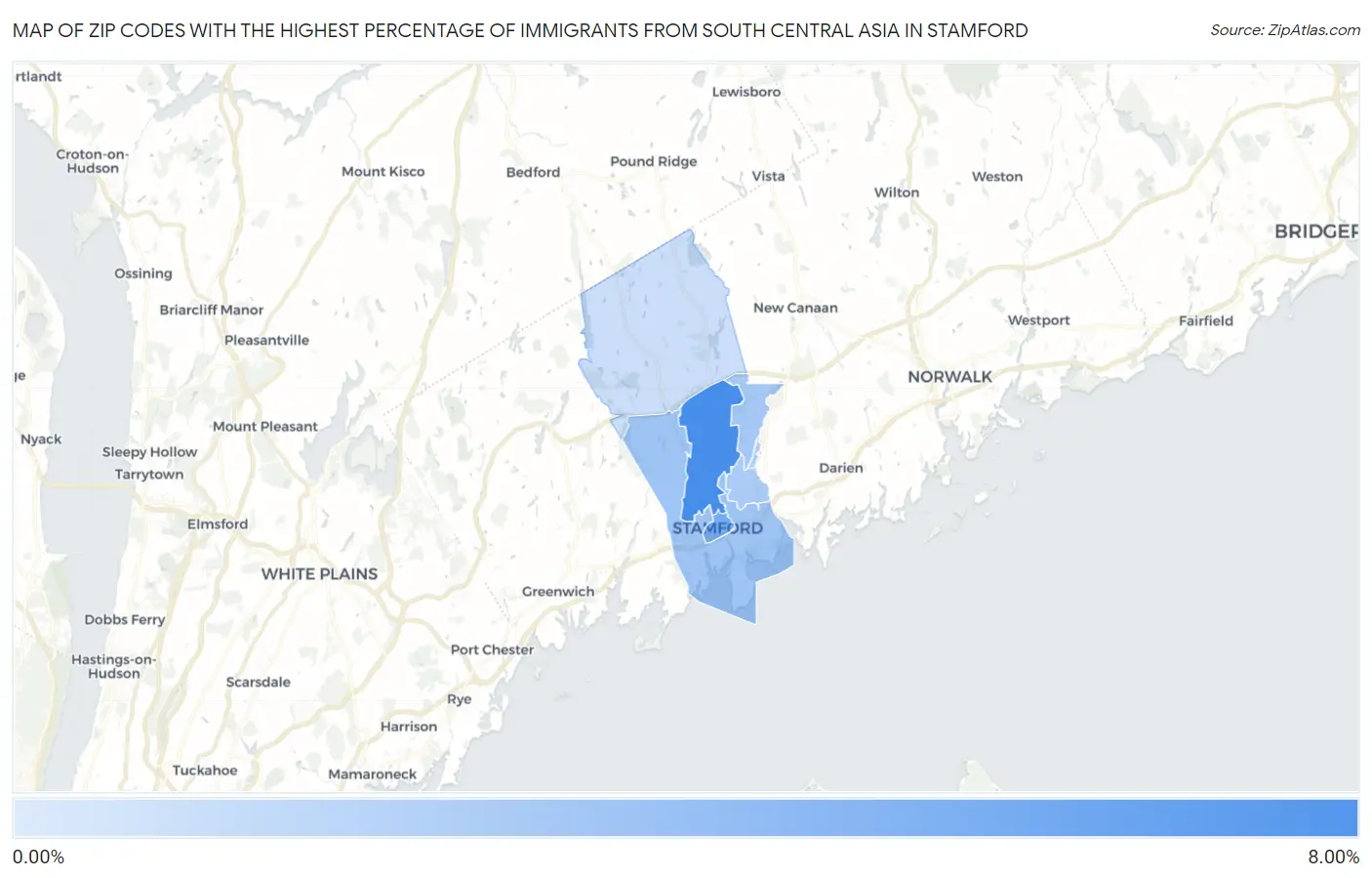 Zip Codes with the Highest Percentage of Immigrants from South Central Asia in Stamford Map