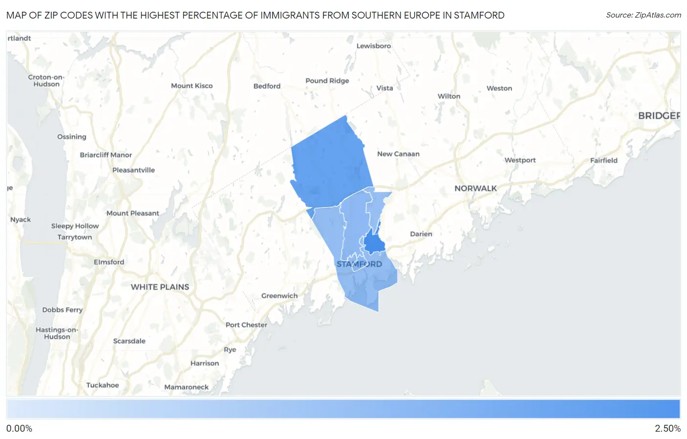 Zip Codes with the Highest Percentage of Immigrants from Southern Europe in Stamford Map