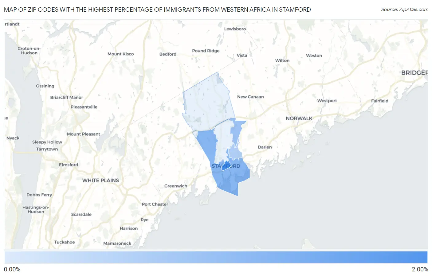 Zip Codes with the Highest Percentage of Immigrants from Western Africa in Stamford Map