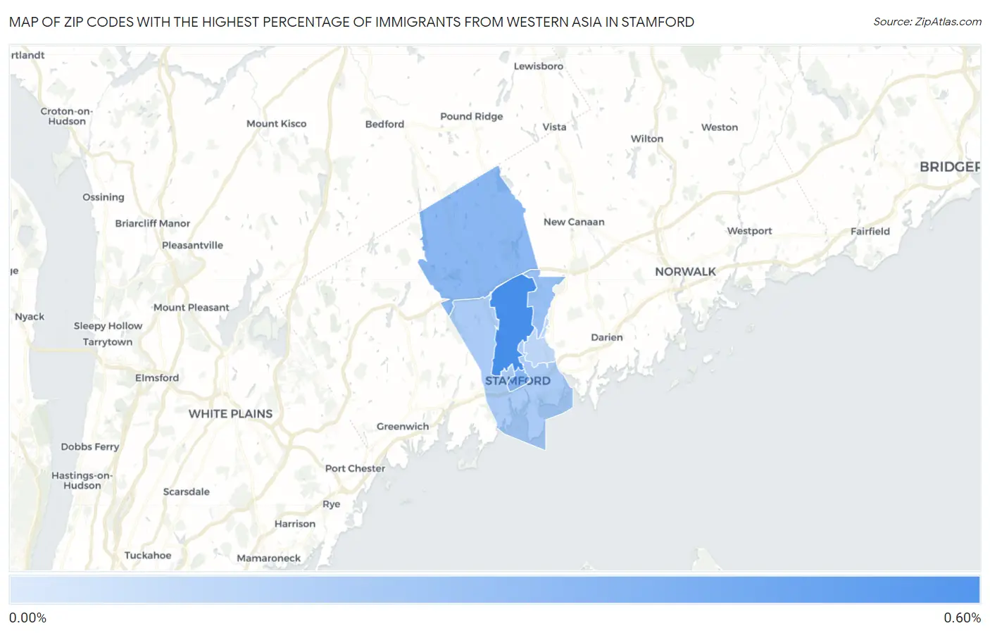 Zip Codes with the Highest Percentage of Immigrants from Western Asia in Stamford Map