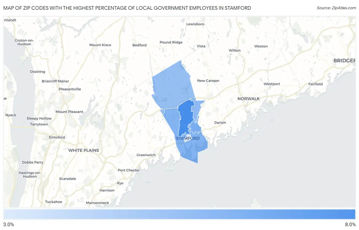 Zip Codes with the Highest Percentage of Local Government Employees in Stamford Map