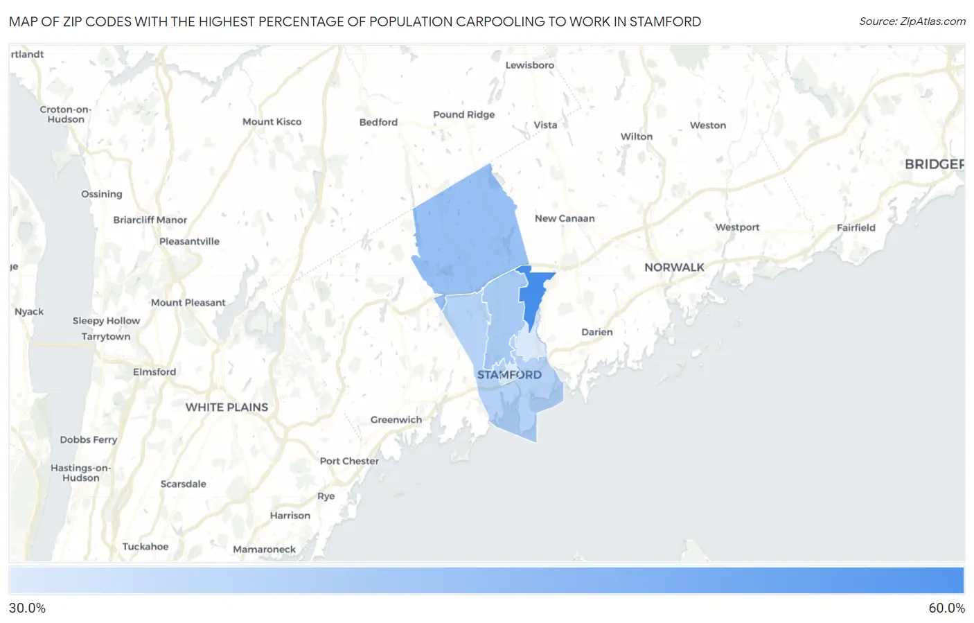 Zip Codes with the Highest Percentage of Population Carpooling to Work in Stamford Map