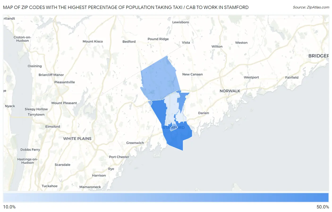 Zip Codes with the Highest Percentage of Population Taking Taxi / Cab to Work in Stamford Map