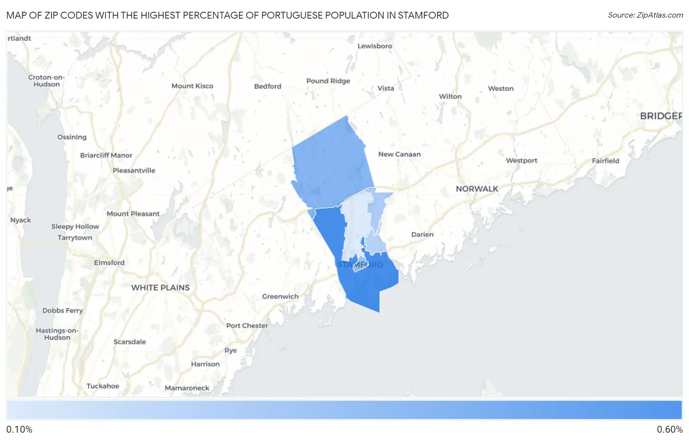 Zip Codes with the Highest Percentage of Portuguese Population in Stamford Map