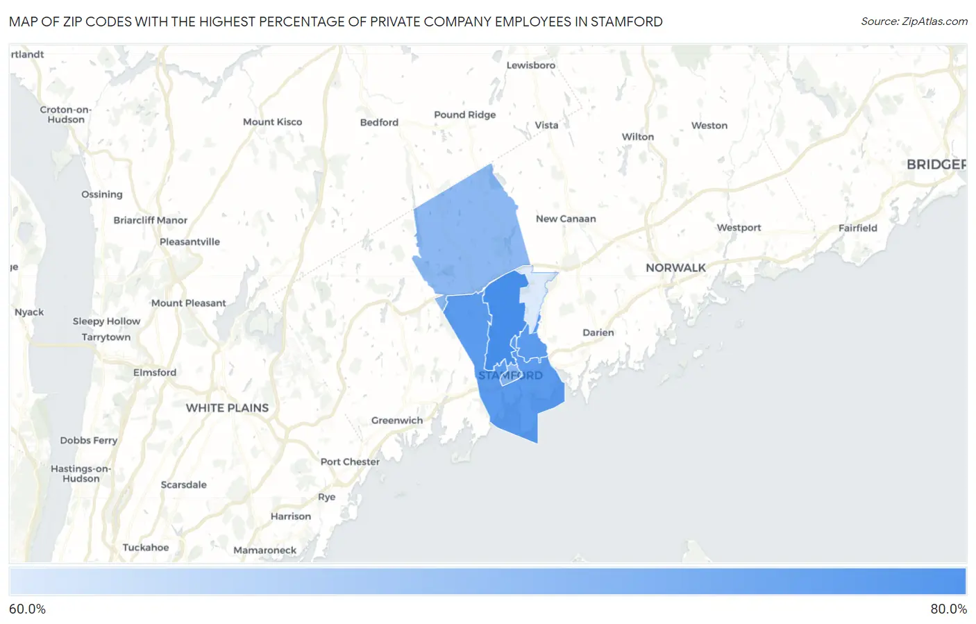 Zip Codes with the Highest Percentage of Private Company Employees in Stamford Map