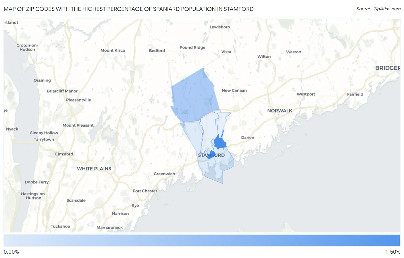 Zip Codes with the Highest Percentage of Spaniard Population in Stamford Map