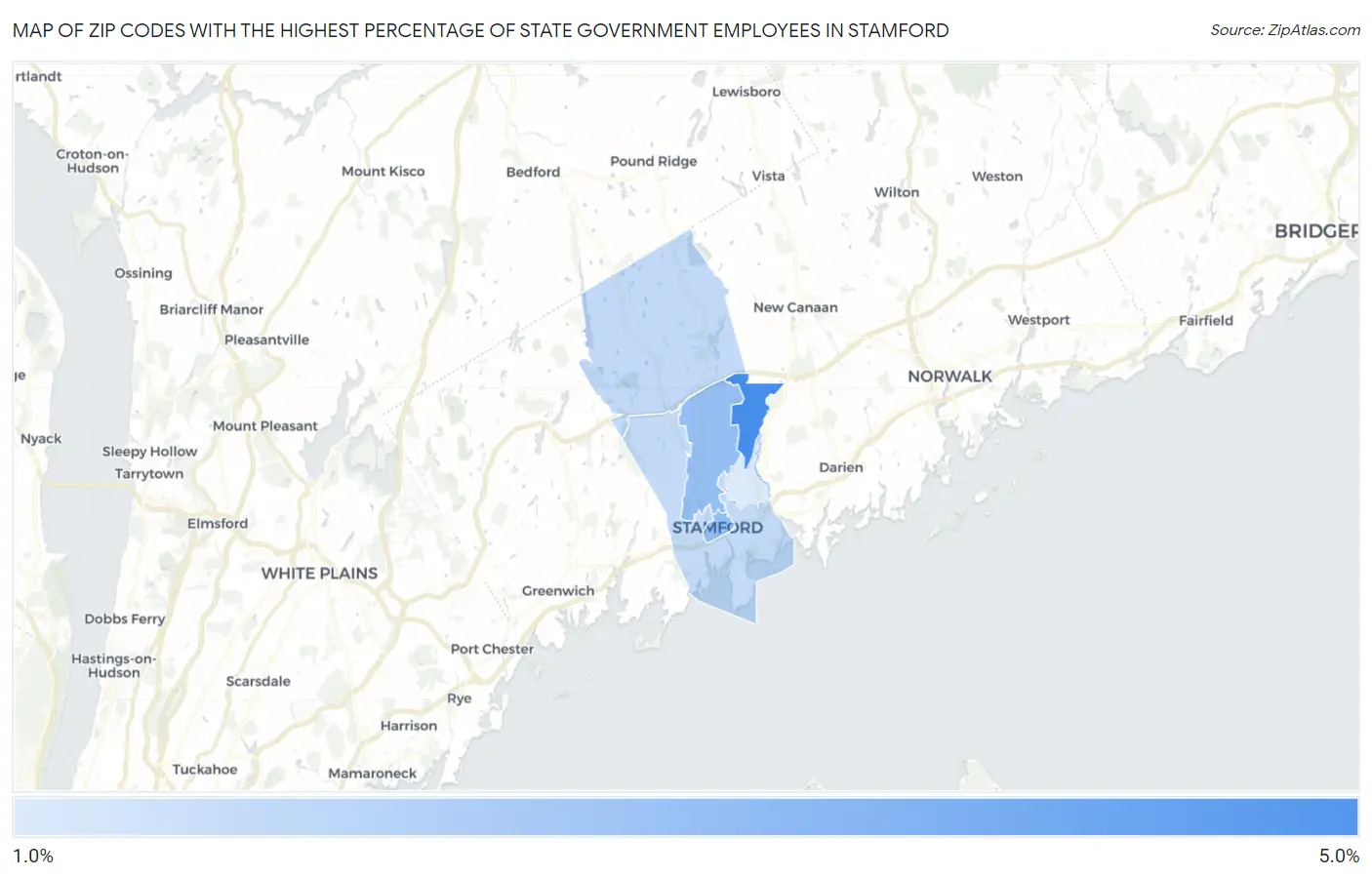 Zip Codes with the Highest Percentage of State Government Employees in Stamford Map