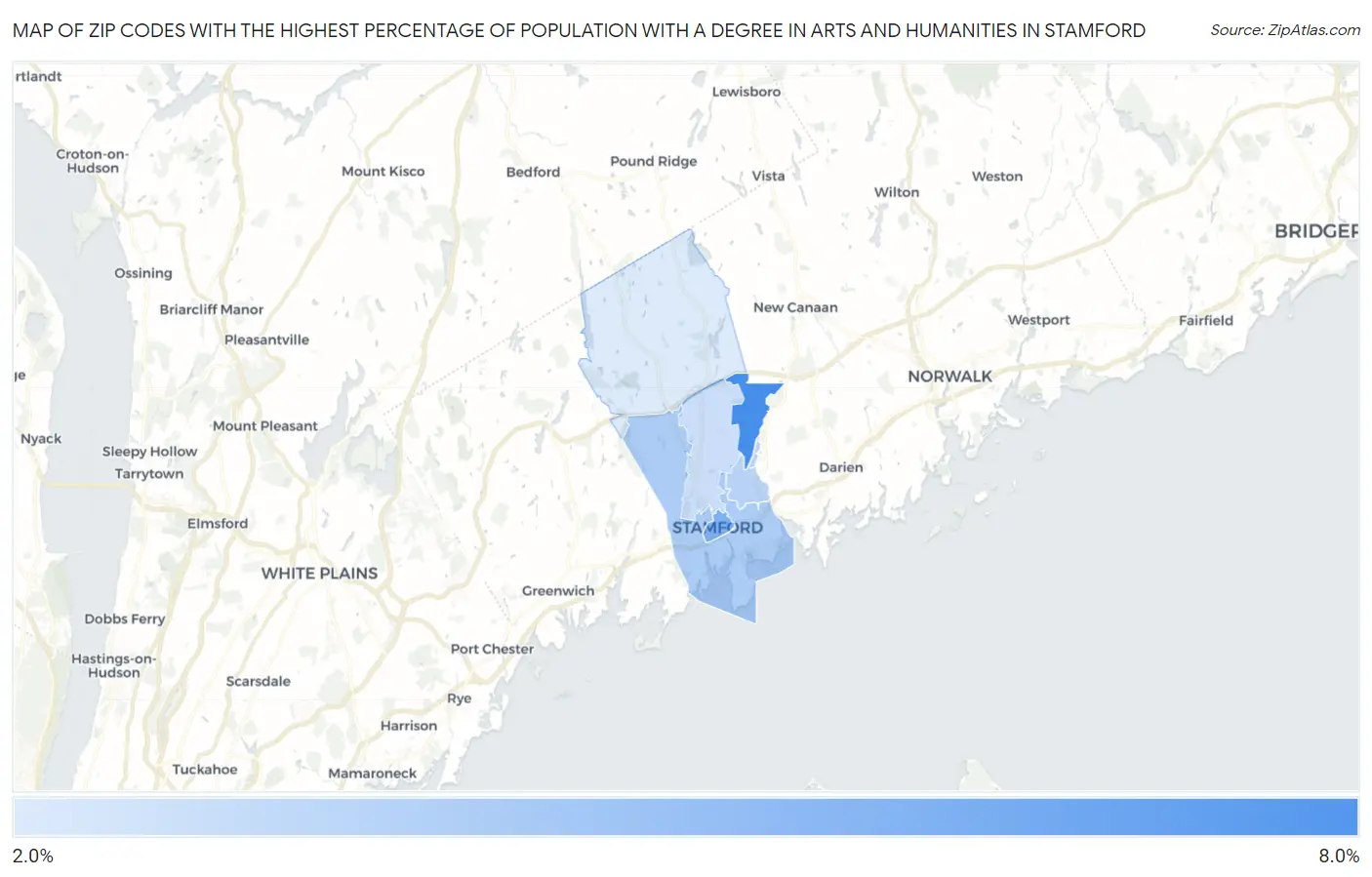Zip Codes with the Highest Percentage of Population with a Degree in Arts and Humanities in Stamford Map