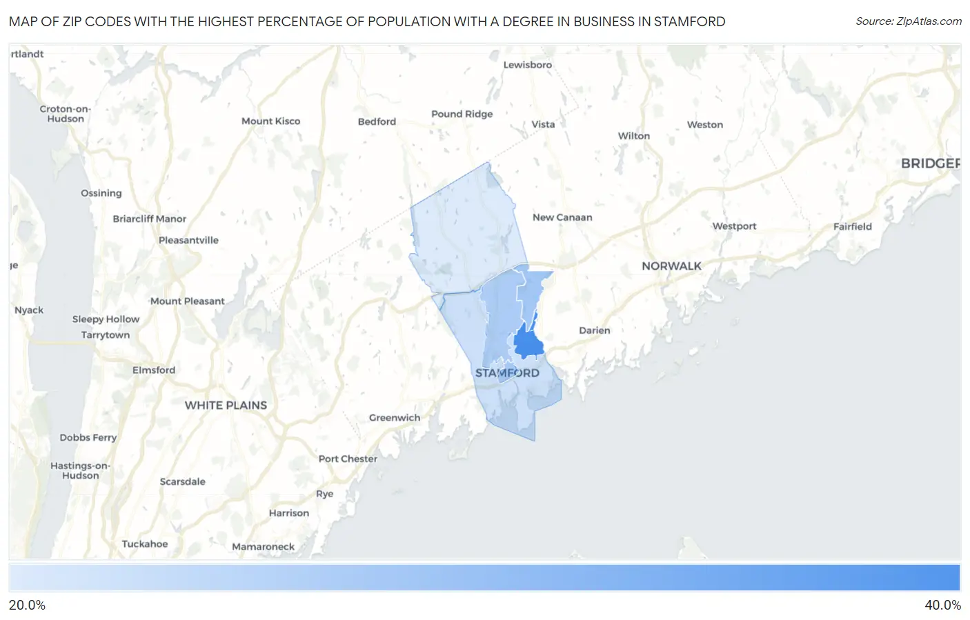 Zip Codes with the Highest Percentage of Population with a Degree in Business in Stamford Map