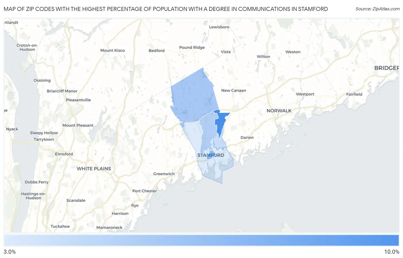 Zip Codes with the Highest Percentage of Population with a Degree in Communications in Stamford Map
