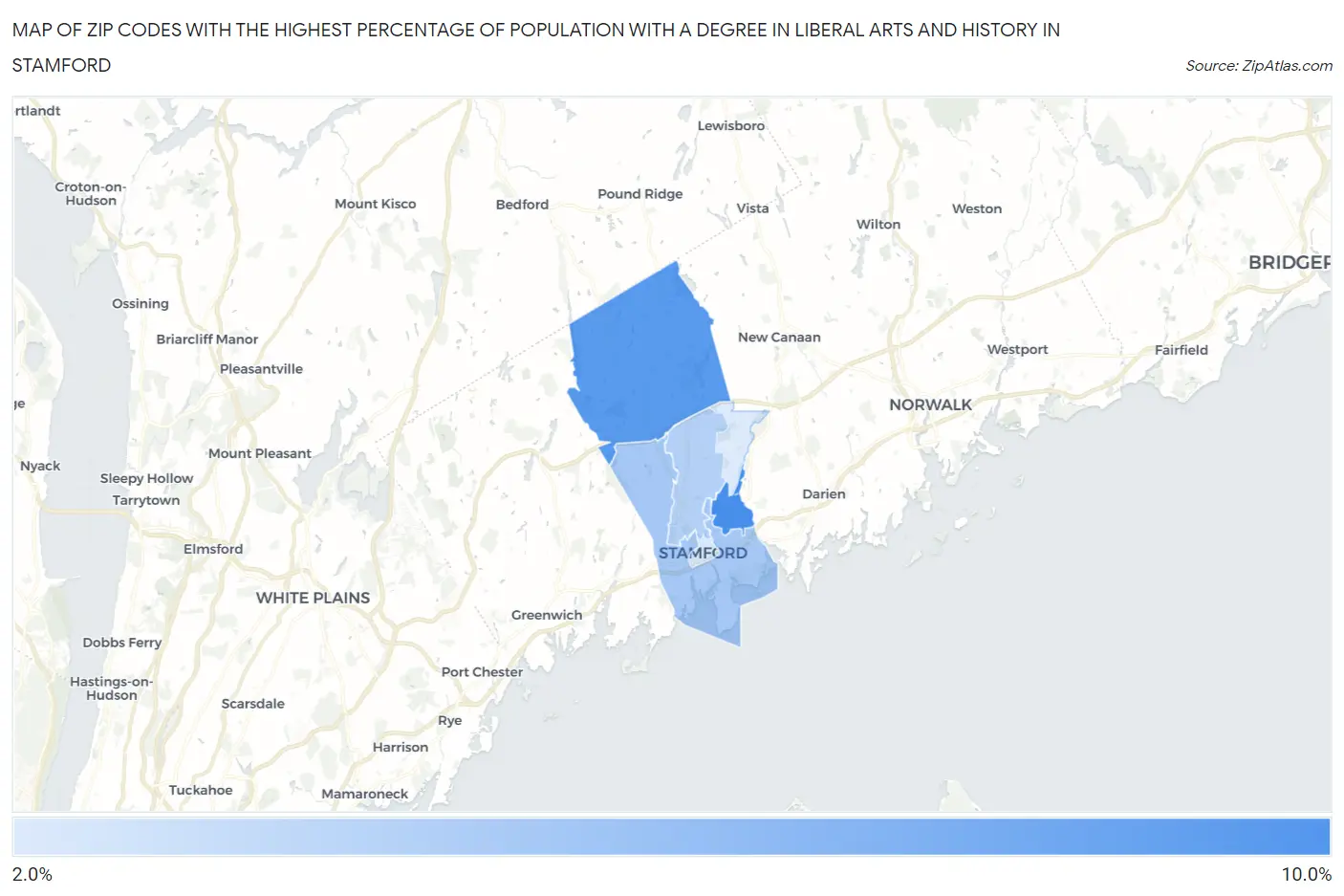 Zip Codes with the Highest Percentage of Population with a Degree in Liberal Arts and History in Stamford Map
