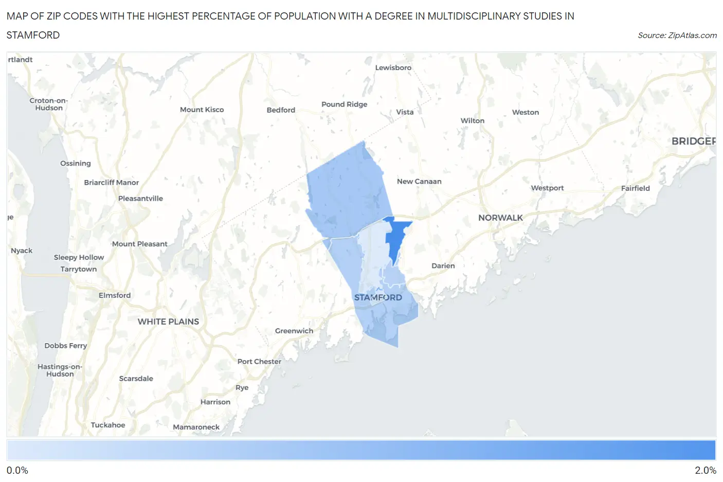 Zip Codes with the Highest Percentage of Population with a Degree in Multidisciplinary Studies in Stamford Map