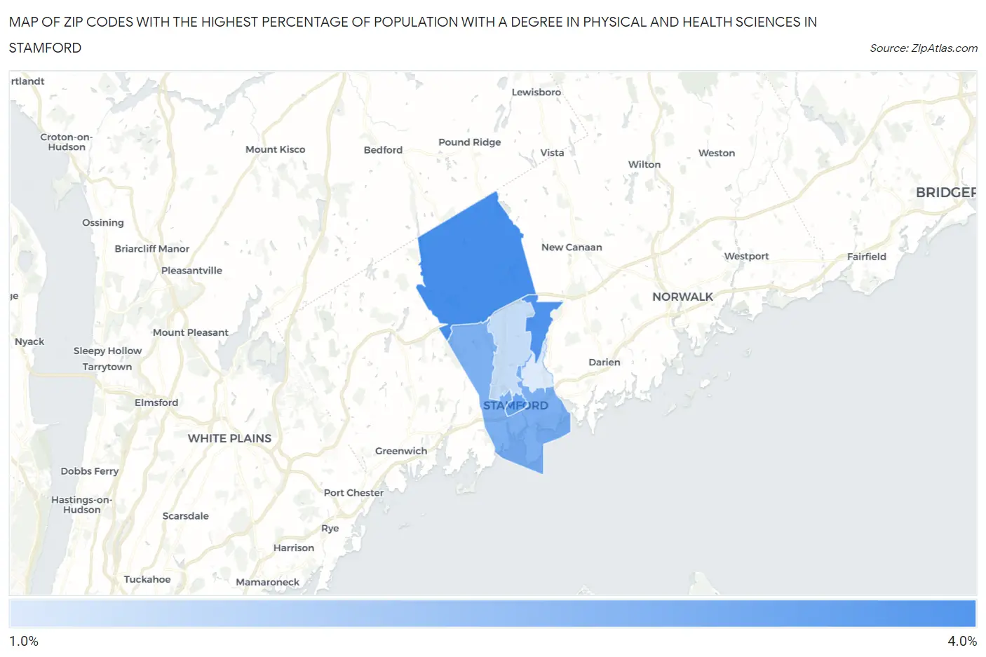 Zip Codes with the Highest Percentage of Population with a Degree in Physical and Health Sciences in Stamford Map