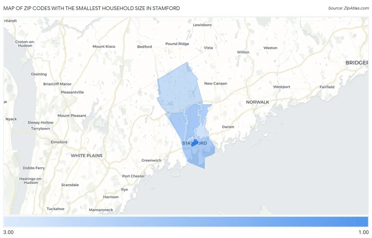 Zip Codes with the Smallest Household Size in Stamford Map