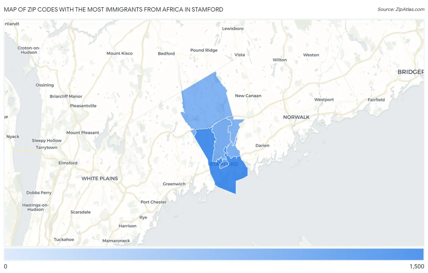 Zip Codes with the Most Immigrants from Africa in Stamford Map