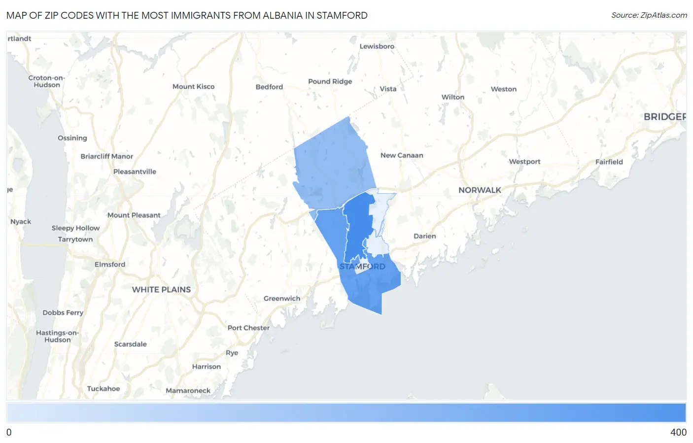 Zip Codes with the Most Immigrants from Albania in Stamford Map