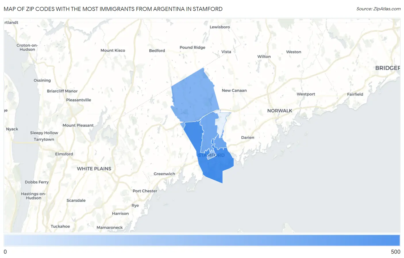 Zip Codes with the Most Immigrants from Argentina in Stamford Map