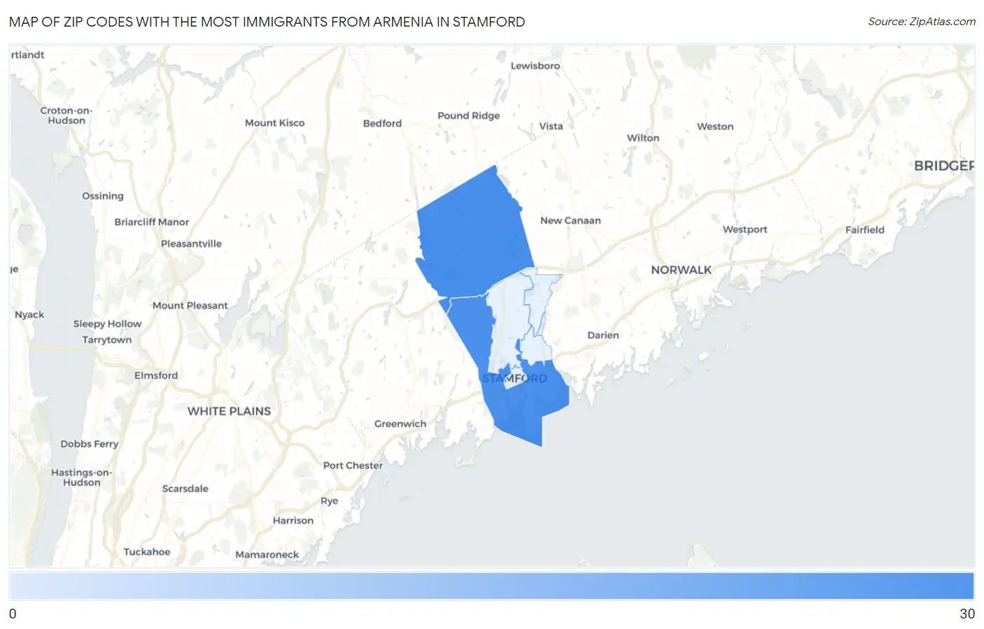 Zip Codes with the Most Immigrants from Armenia in Stamford Map