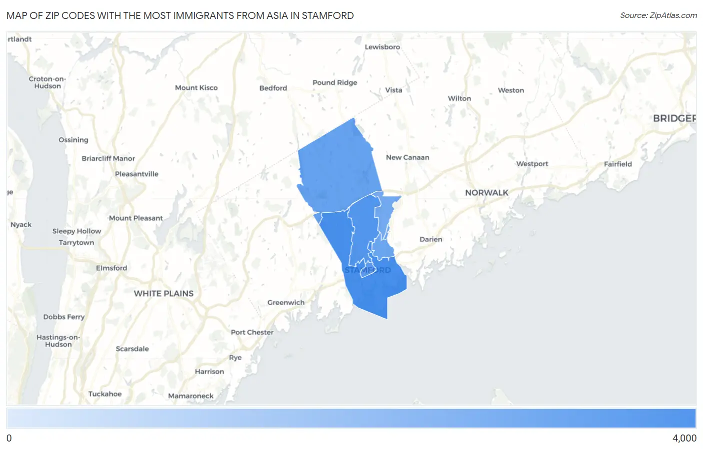 Zip Codes with the Most Immigrants from Asia in Stamford Map