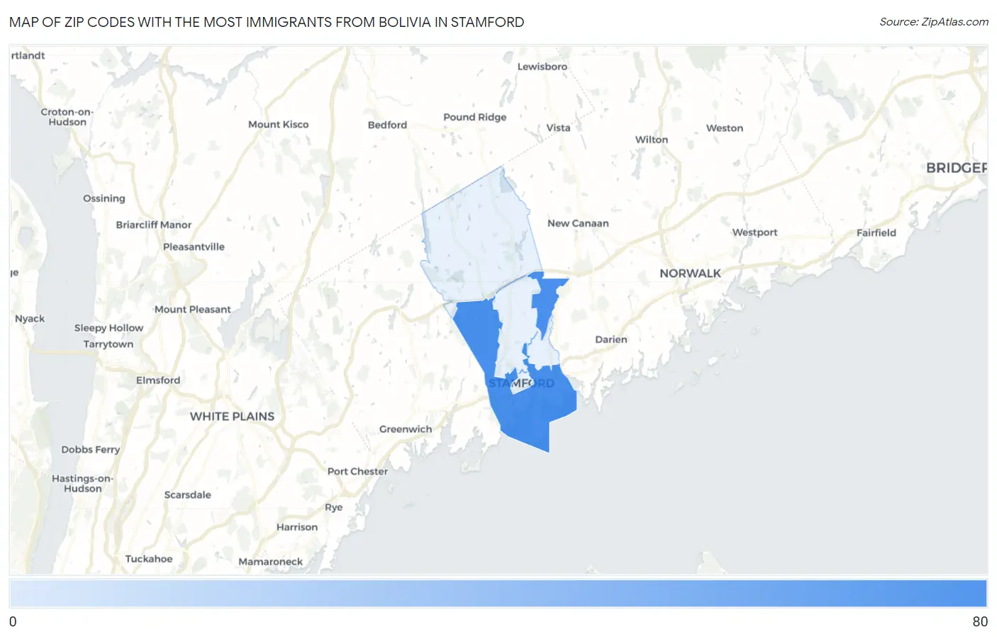 Zip Codes with the Most Immigrants from Bolivia in Stamford Map