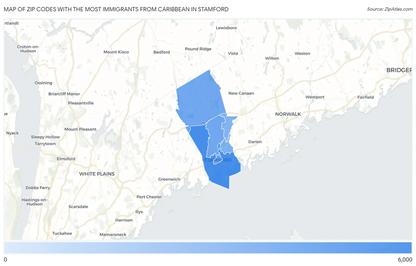 Zip Codes with the Most Immigrants from Caribbean in Stamford Map