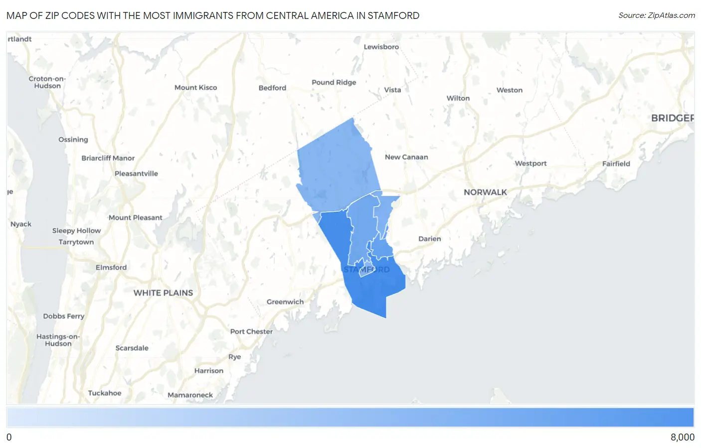Zip Codes with the Most Immigrants from Central America in Stamford Map
