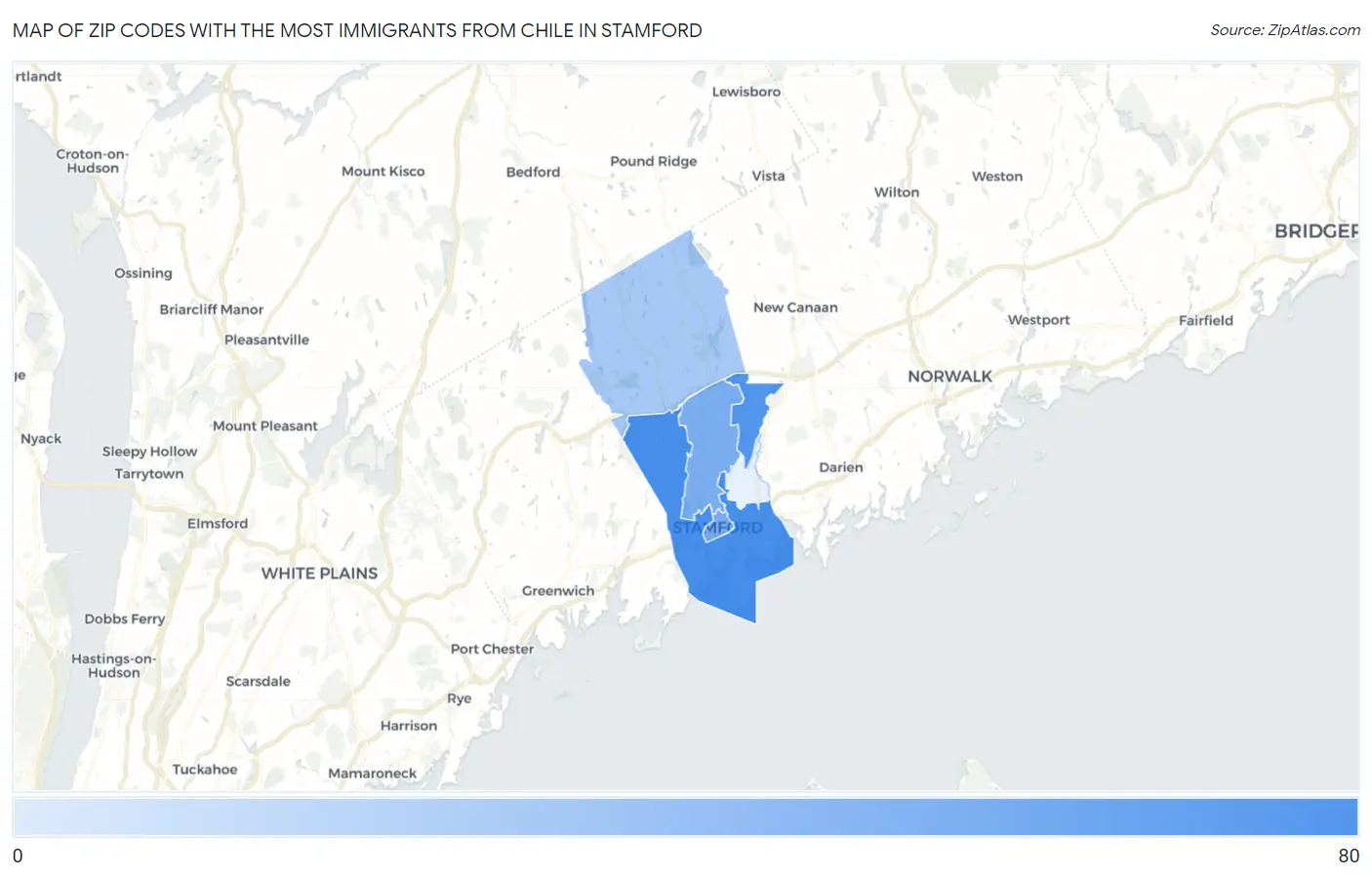 Zip Codes with the Most Immigrants from Chile in Stamford Map