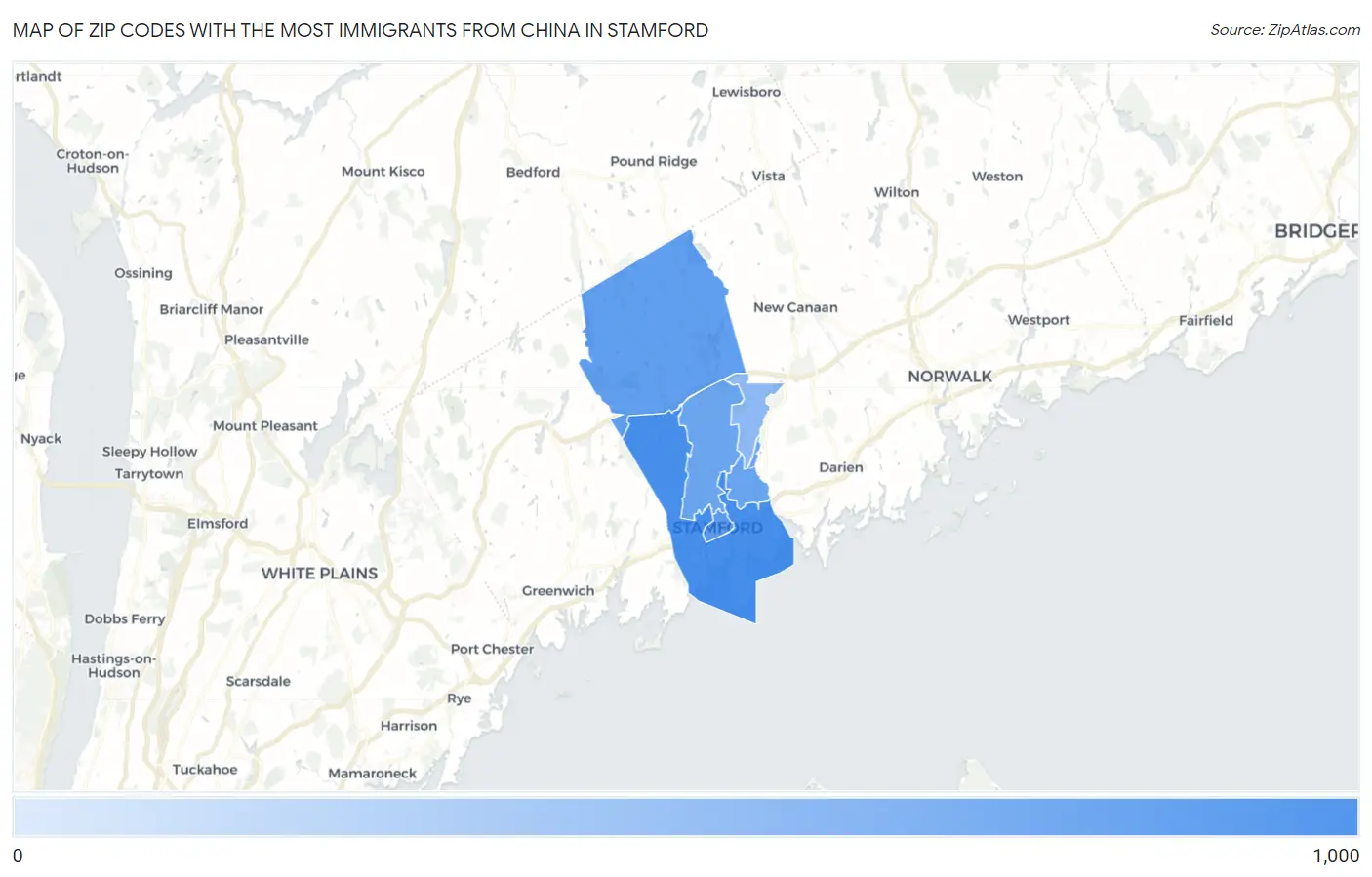 Zip Codes with the Most Immigrants from China in Stamford Map