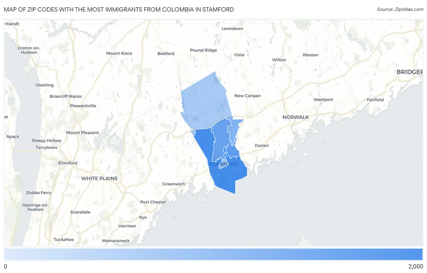 Zip Codes with the Most Immigrants from Colombia in Stamford Map