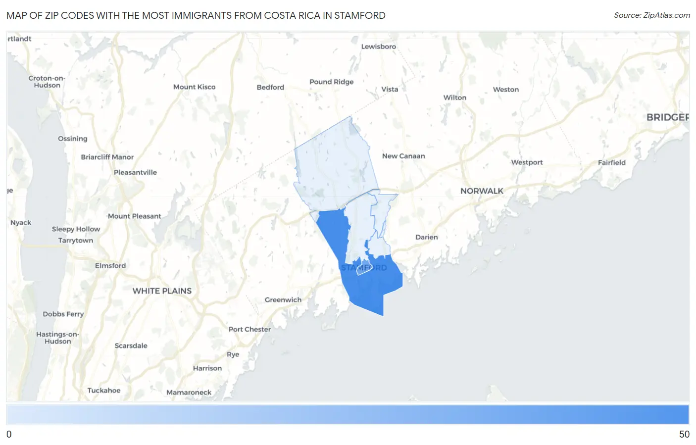 Zip Codes with the Most Immigrants from Costa Rica in Stamford Map