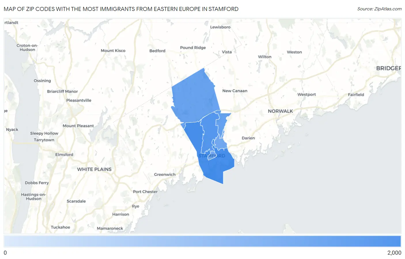 Zip Codes with the Most Immigrants from Eastern Europe in Stamford Map
