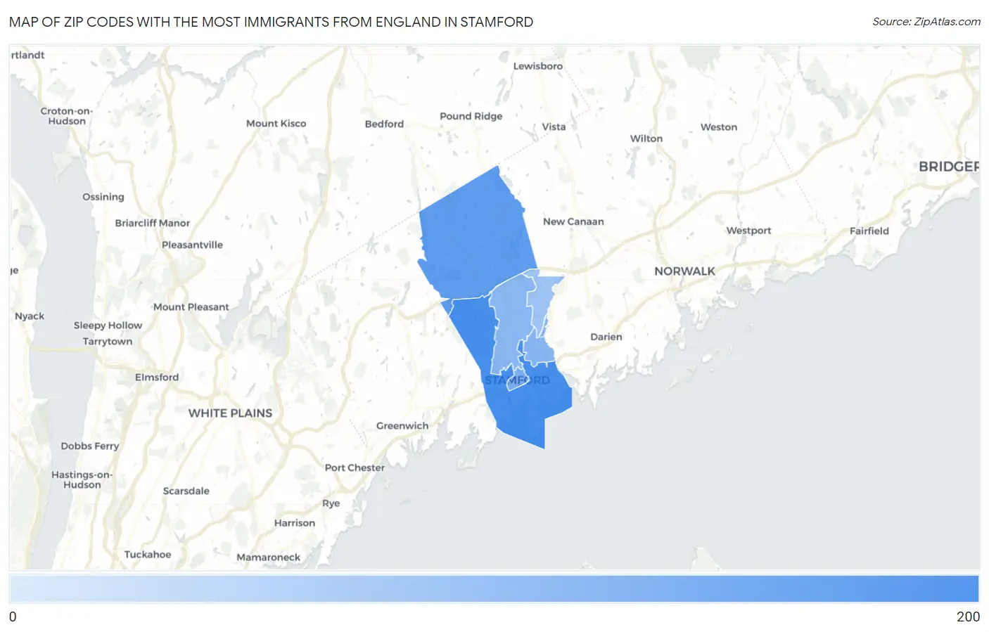 Zip Codes with the Most Immigrants from England in Stamford Map