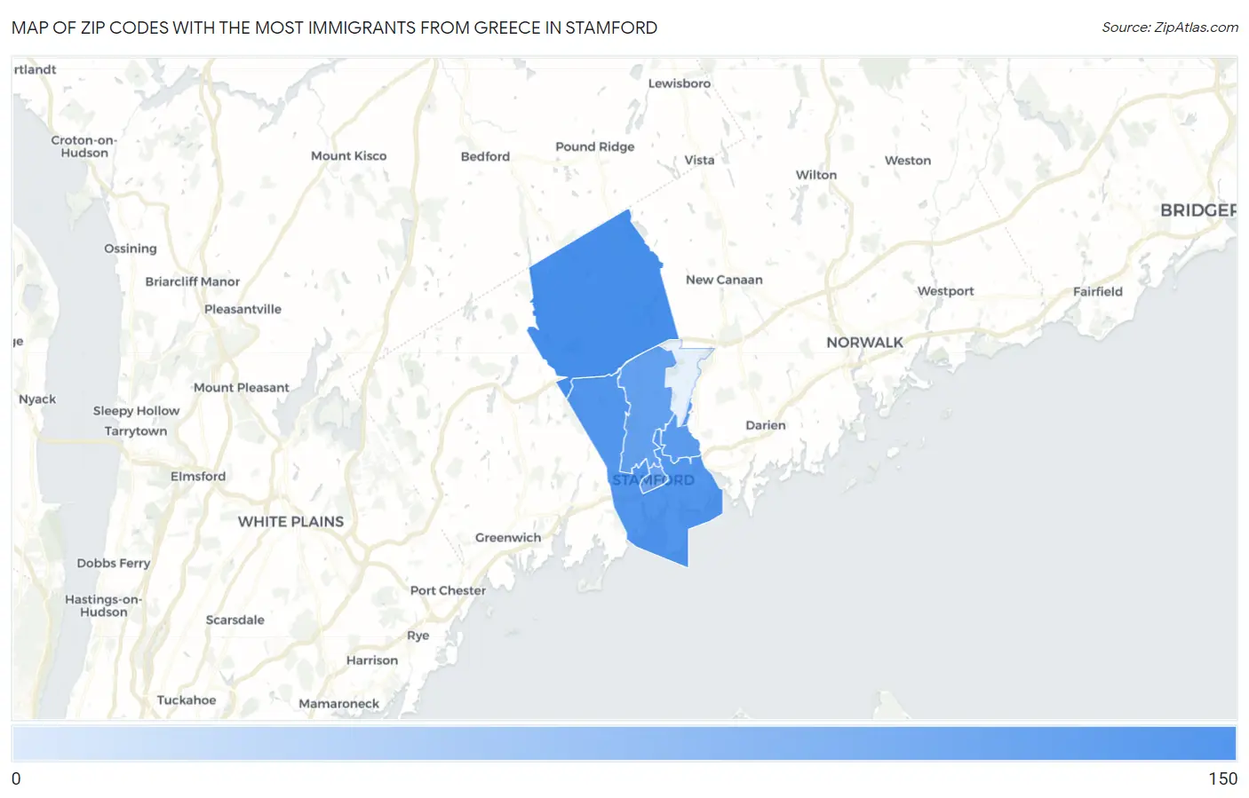 Zip Codes with the Most Immigrants from Greece in Stamford Map