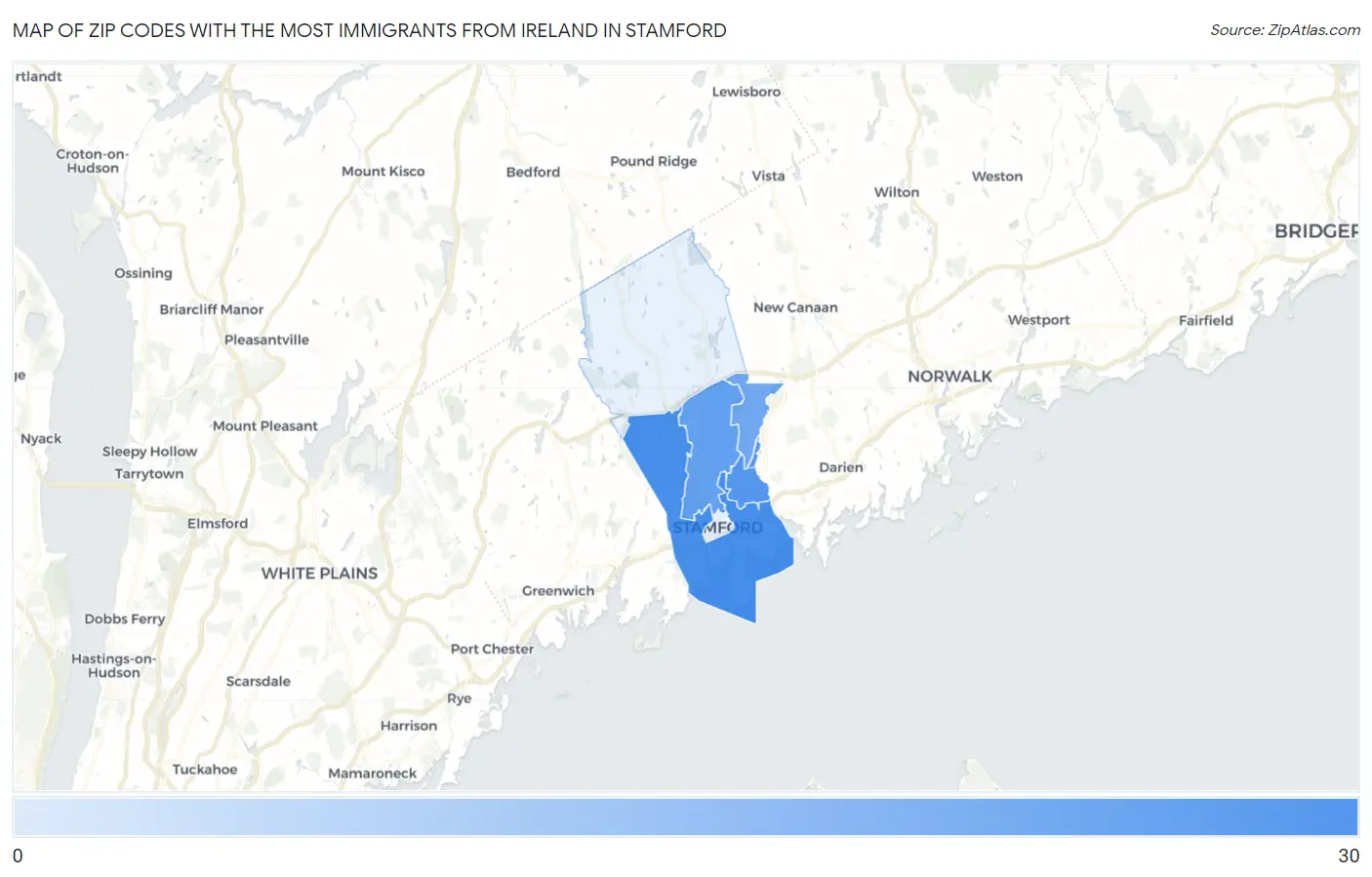 Zip Codes with the Most Immigrants from Ireland in Stamford Map
