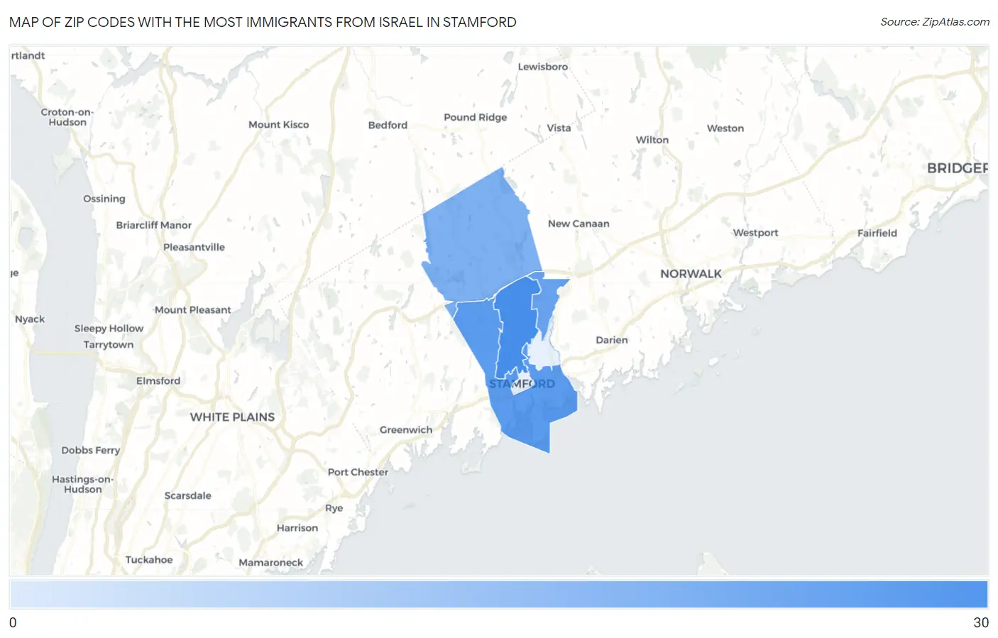 Zip Codes with the Most Immigrants from Israel in Stamford Map