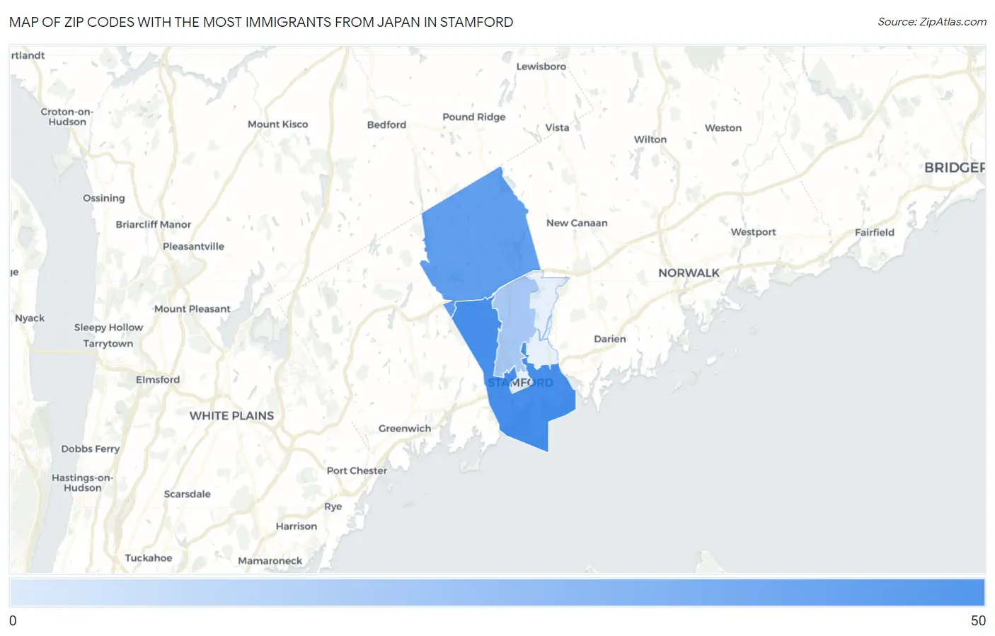 Zip Codes with the Most Immigrants from Japan in Stamford Map