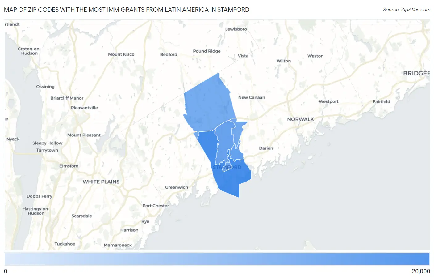 Zip Codes with the Most Immigrants from Latin America in Stamford Map