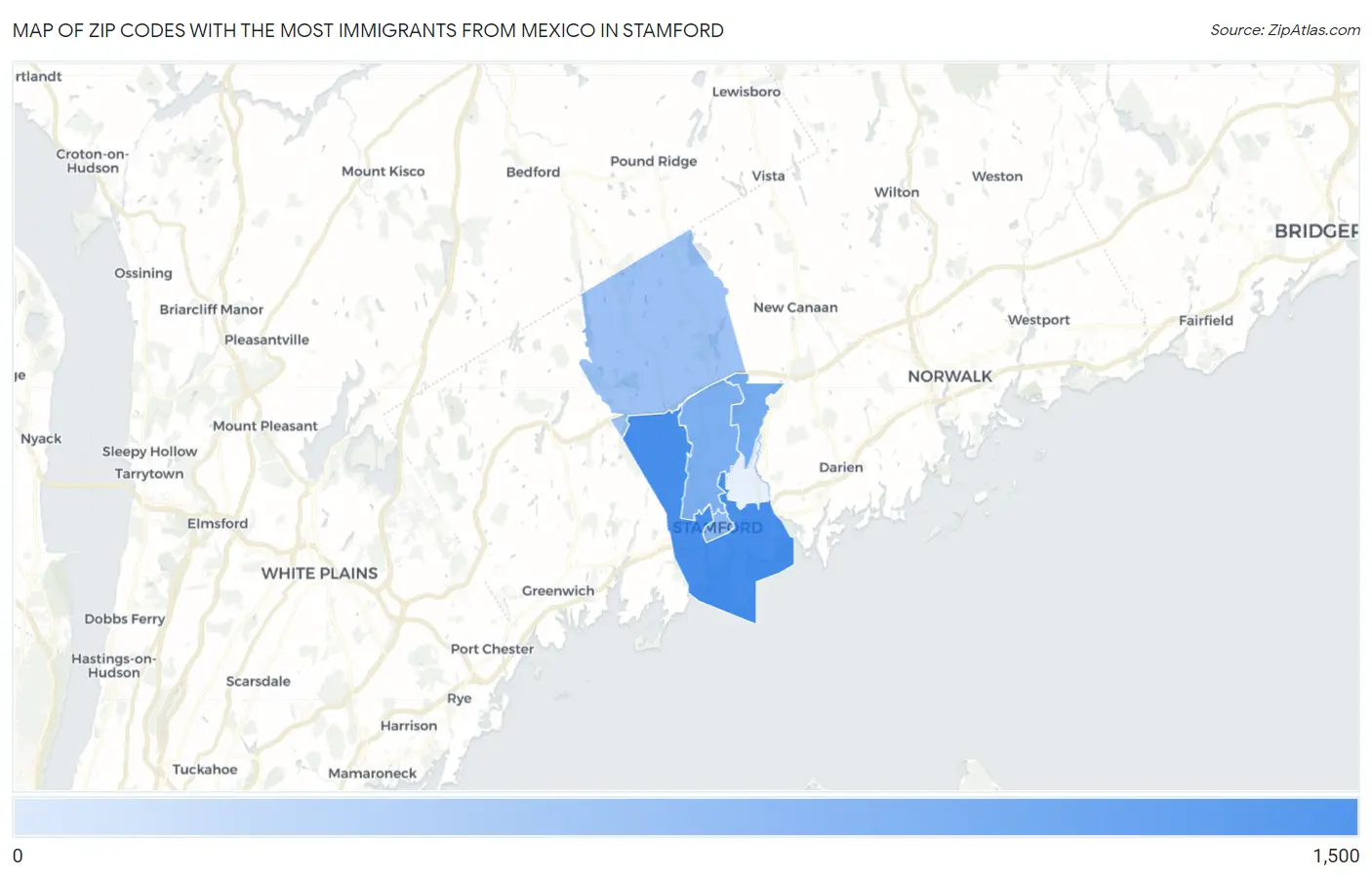 Zip Codes with the Most Immigrants from Mexico in Stamford Map