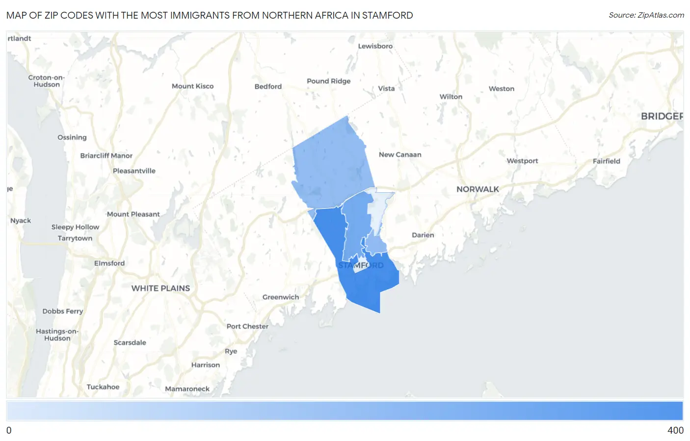 Zip Codes with the Most Immigrants from Northern Africa in Stamford Map