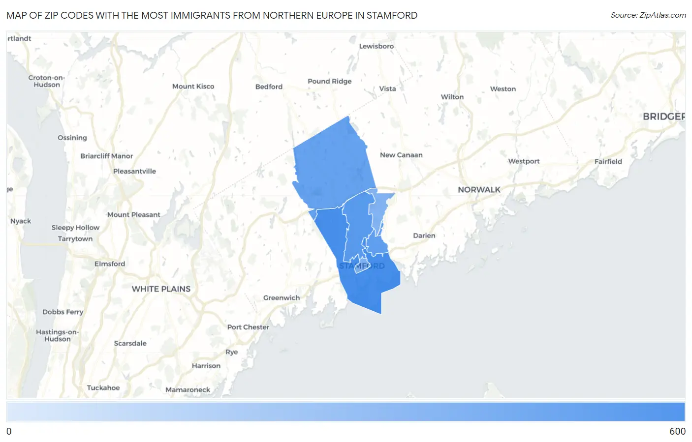 Zip Codes with the Most Immigrants from Northern Europe in Stamford Map