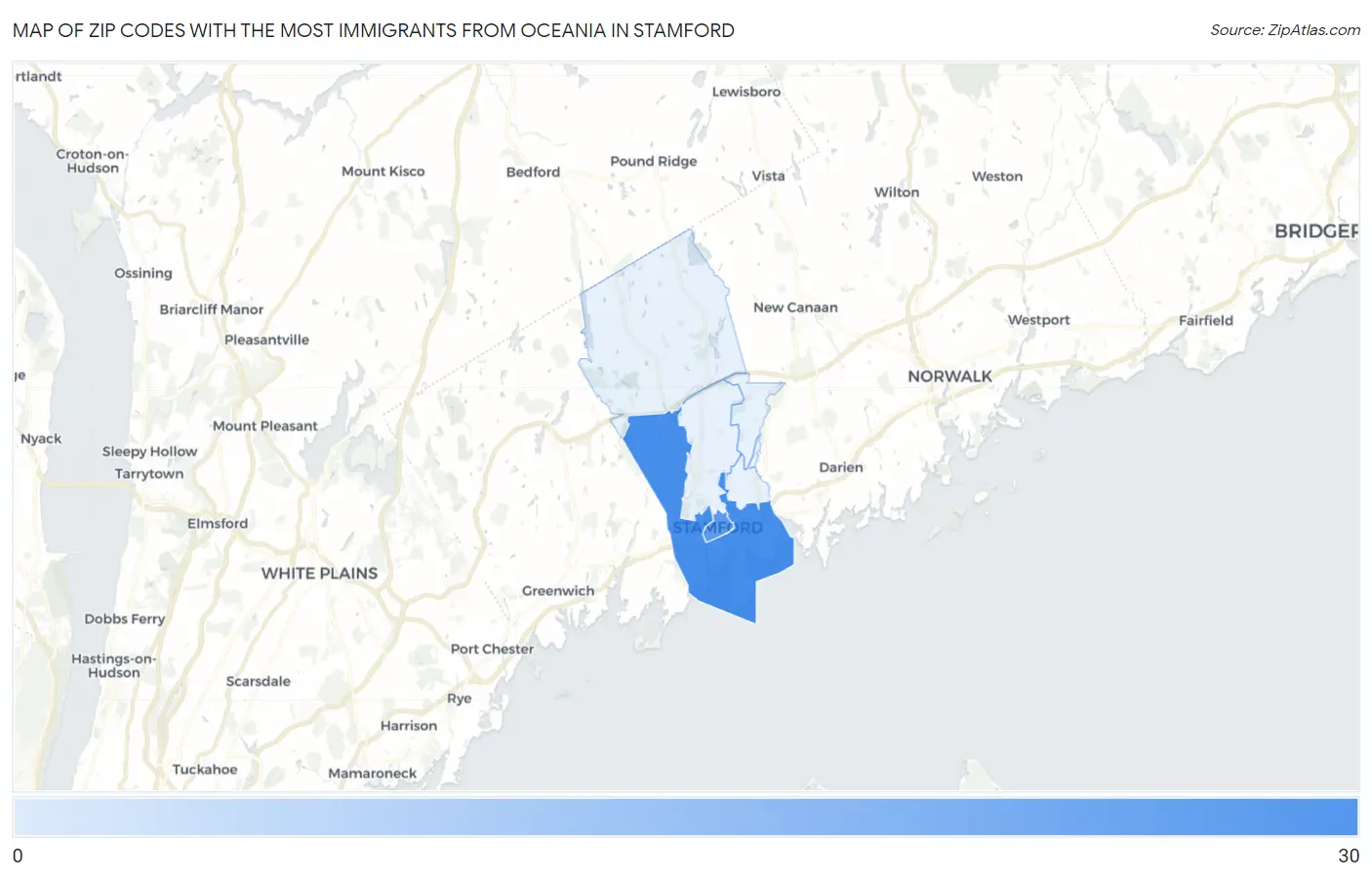 Zip Codes with the Most Immigrants from Oceania in Stamford Map