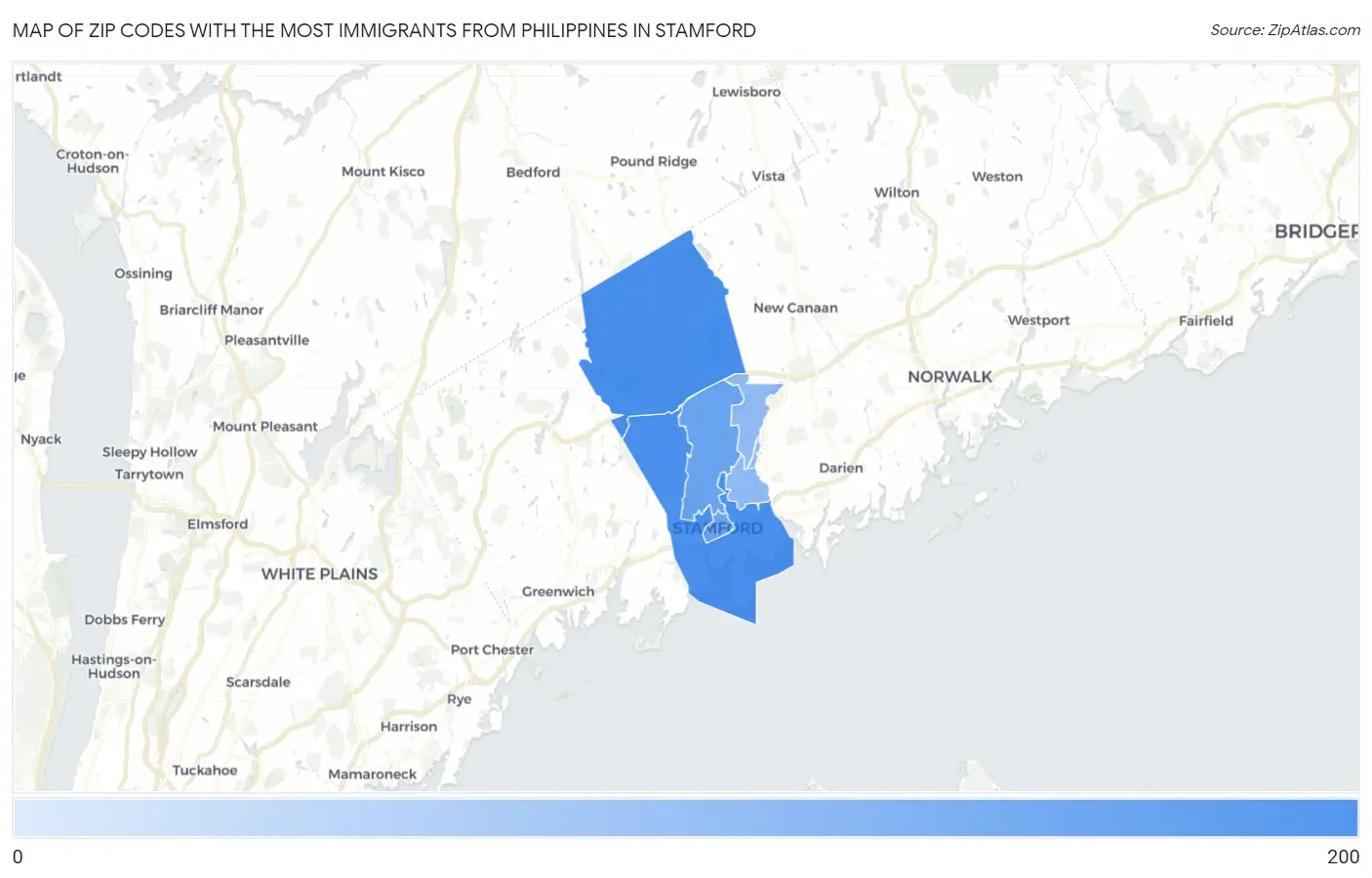 Zip Codes with the Most Immigrants from Philippines in Stamford Map