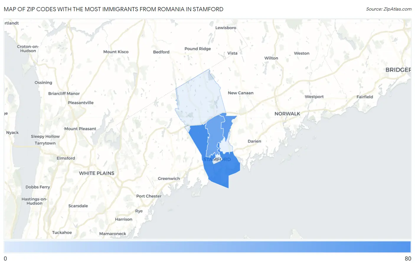 Zip Codes with the Most Immigrants from Romania in Stamford Map