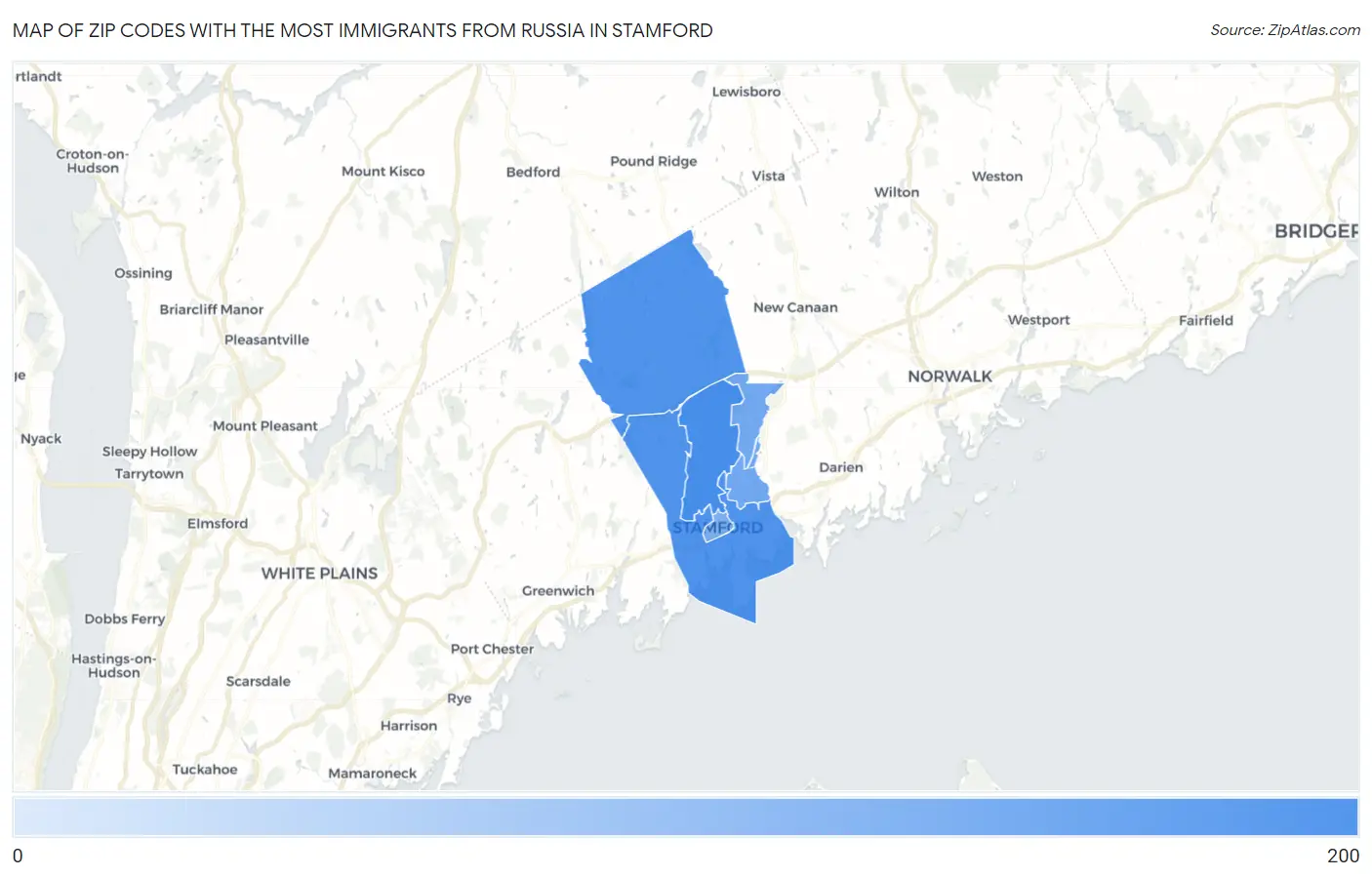 Zip Codes with the Most Immigrants from Russia in Stamford Map