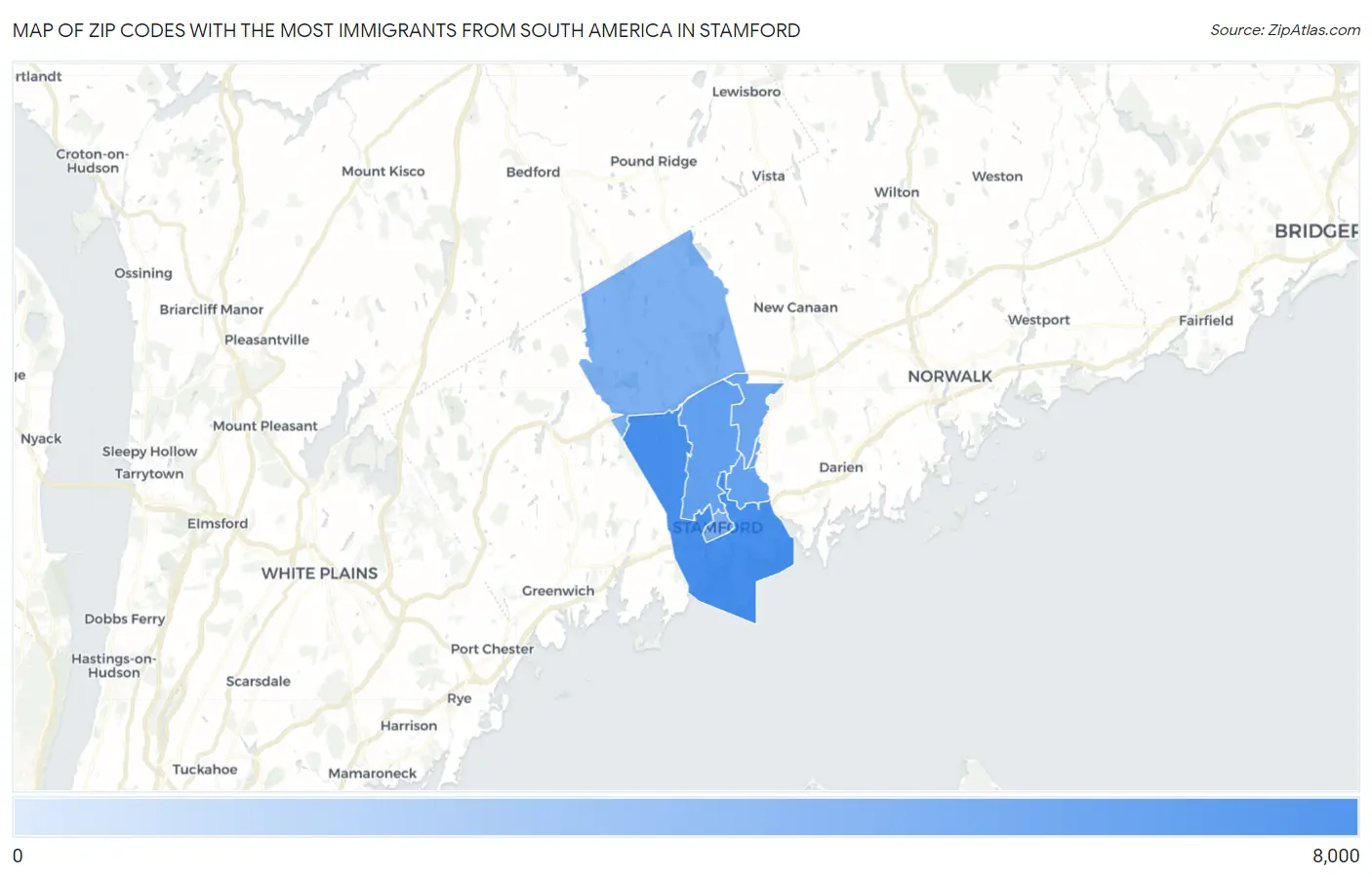 Zip Codes with the Most Immigrants from South America in Stamford Map