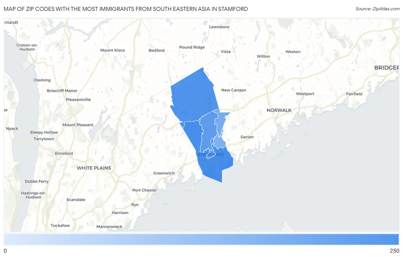 Zip Codes with the Most Immigrants from South Eastern Asia in Stamford Map