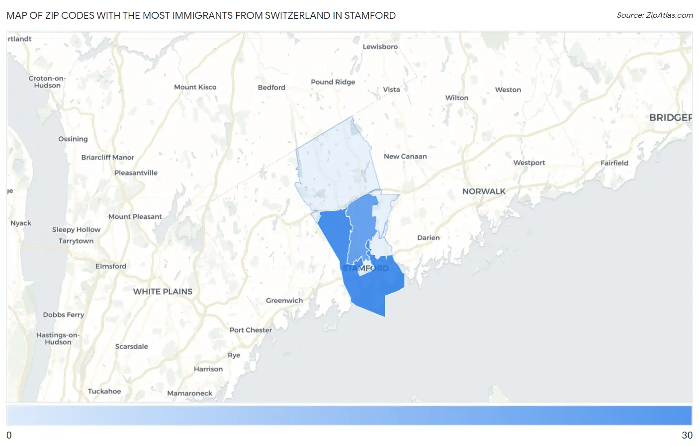 Zip Codes with the Most Immigrants from Switzerland in Stamford Map